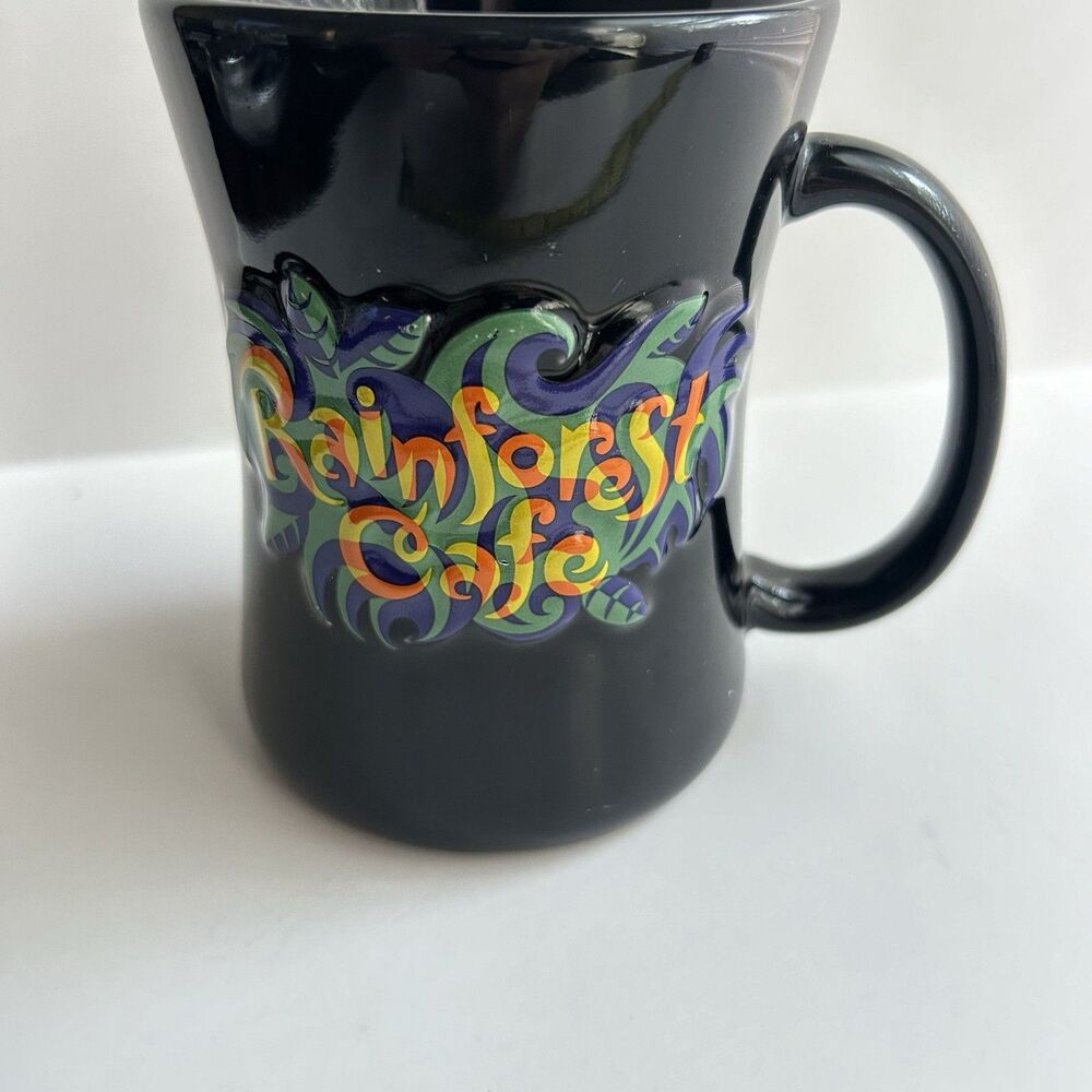 Rainforest Cafe Black Mug Raised 3D Frog Face Multicolor Logo Thailand Safe